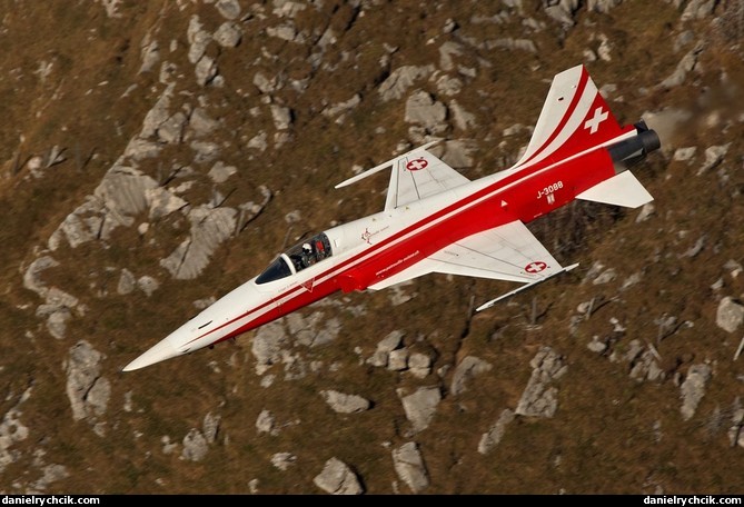 F-5E Tiger of Patrouille Suisse above the Axalp rocks