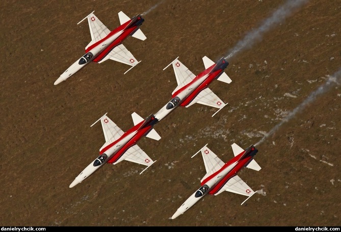 Four Tigers of Patrouille Suisse passing through the valley