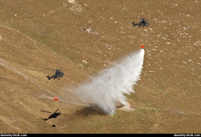 Two Super Pumas dropping water in the Axalp valley