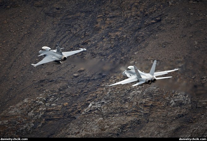 F/A-18C Hornet and JAS-39F Gripen formation