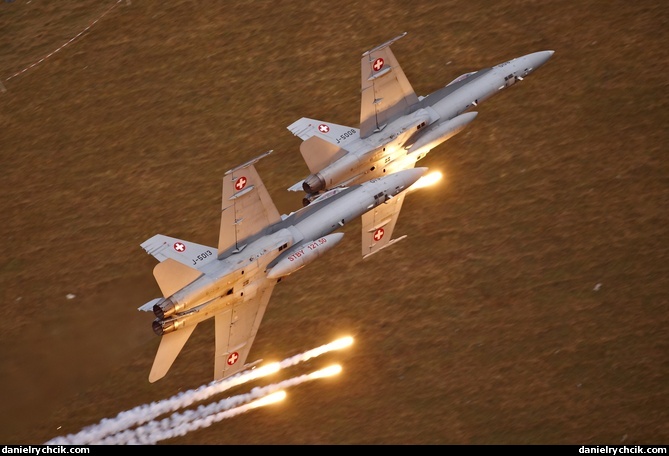 Two F/A-18C Hornets shooting flares