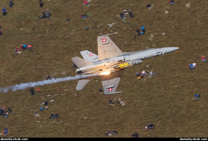 Pair of F-18 Hornets shooting flares over Tschingel