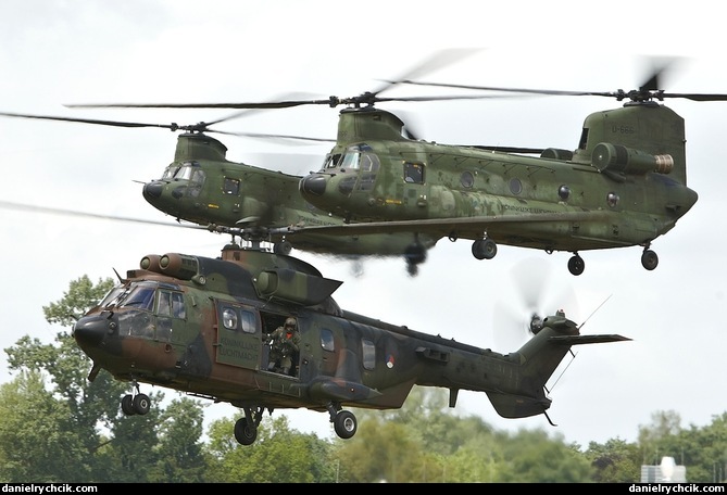 Two Chinooks in formation with Super Puma