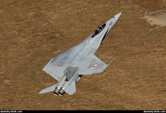 F/A-18C Hornet climbing sharp in the Axalp valley