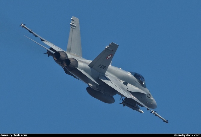 F/A-18C Hornet turning sharp over the Payerne airbase