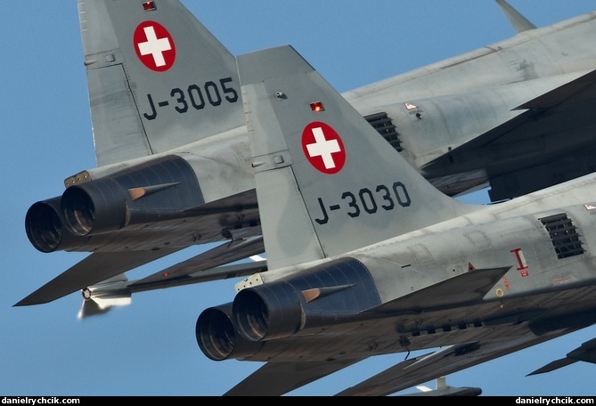 Closeup of two F-5E Tigers taking off for a WEF mission